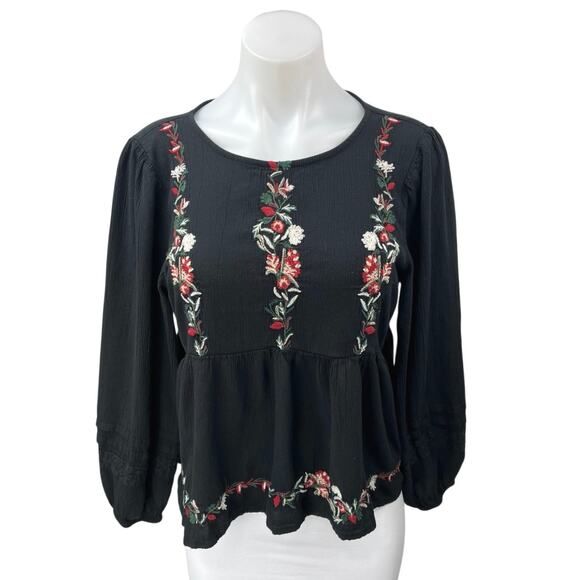 American Eagle Black Floral Embroidered Long Sleeve Cutout Peplum Blouse Top M - Picture 1 of 5